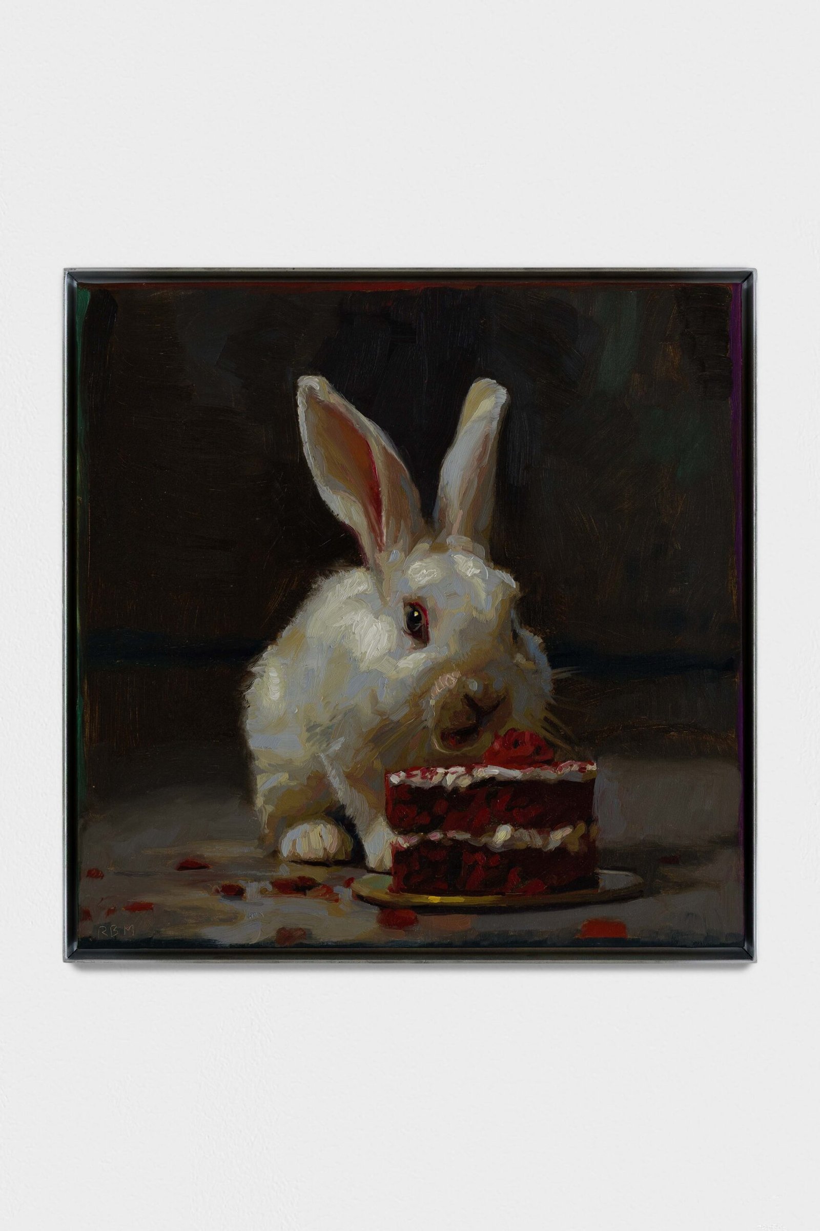 Conejo blanco, comiendo tarta Red Velvet